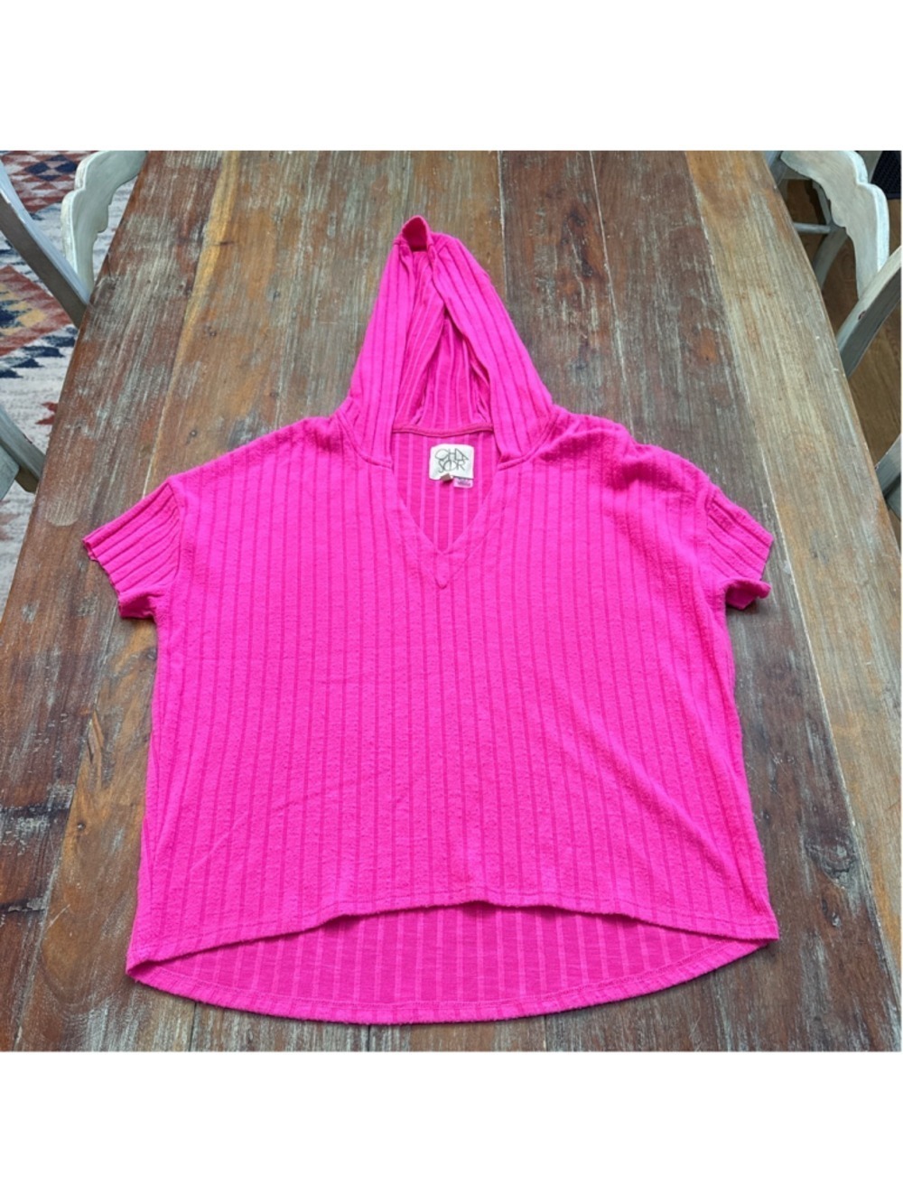 CHASER Womens Hoodie Short Sleeve Ribbed Hot Pink Small
